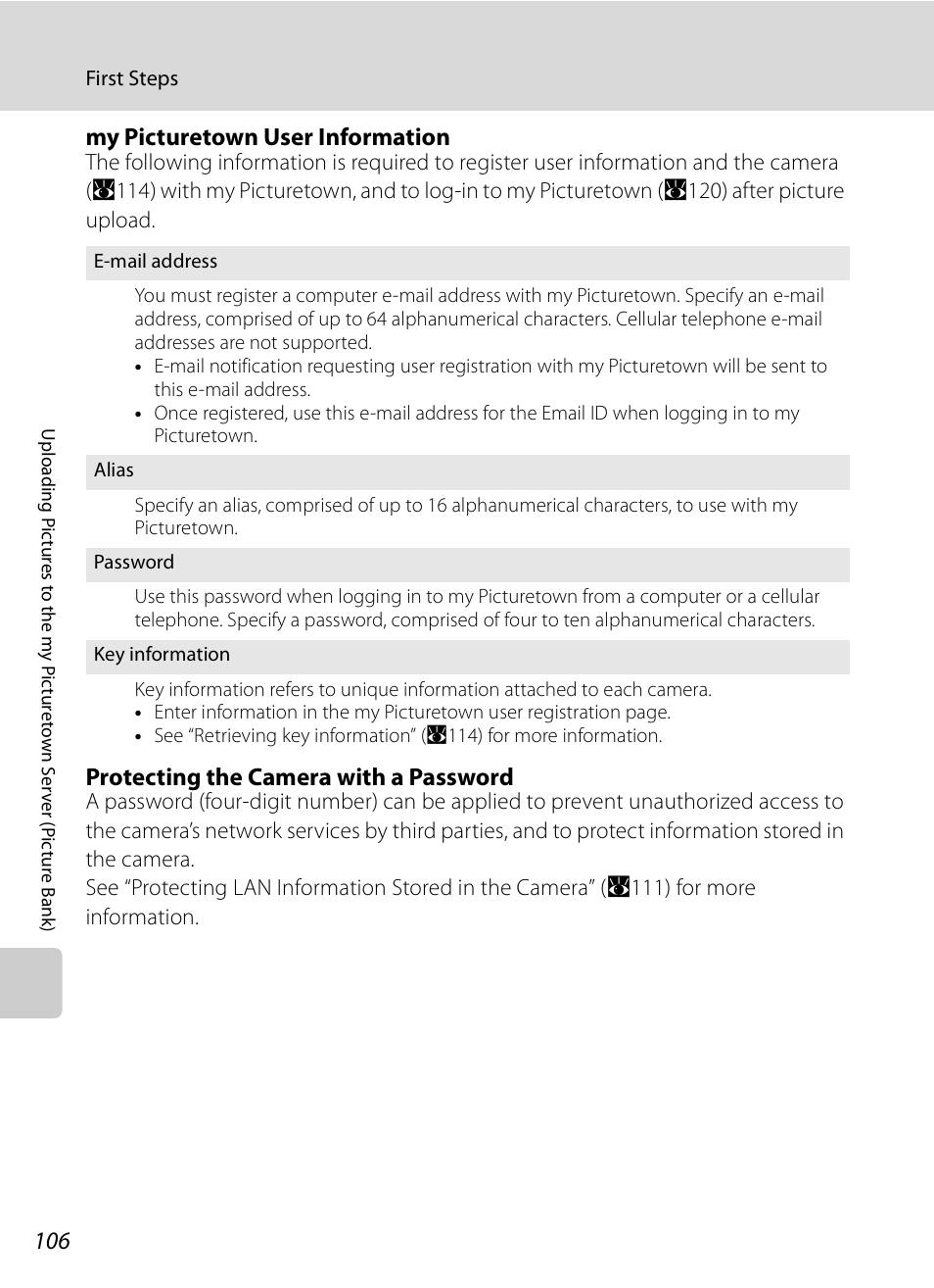 My picturetown user information, Protecting the camera with a password | Nikon P6000 User Manual | Page 120 / 220