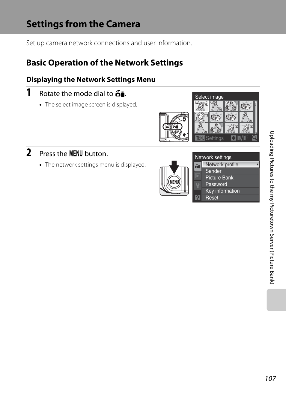 Settings from the camera, Basic operation of the network settings, Displaying the network settings menu | Rotate the mode dial to h, Press the d button | Nikon P6000 User Manual | Page 121 / 220