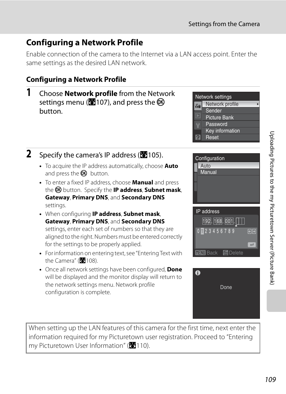 Configuring a network profile, A109), Specify the camera’s ip address ( a105) | Nikon P6000 User Manual | Page 123 / 220