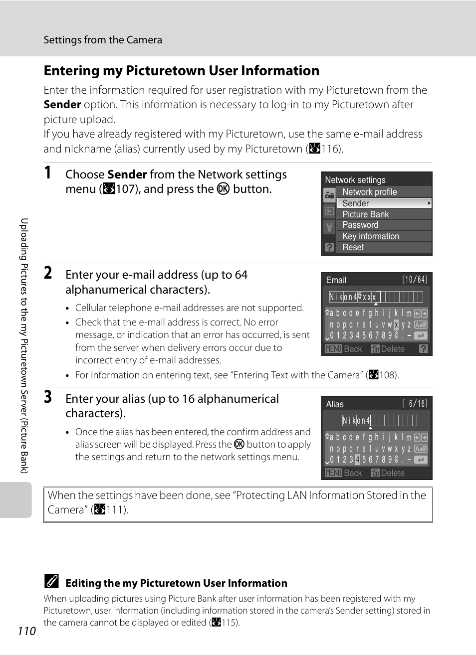 Entering my picturetown user information, A110) | Nikon P6000 User Manual | Page 124 / 220