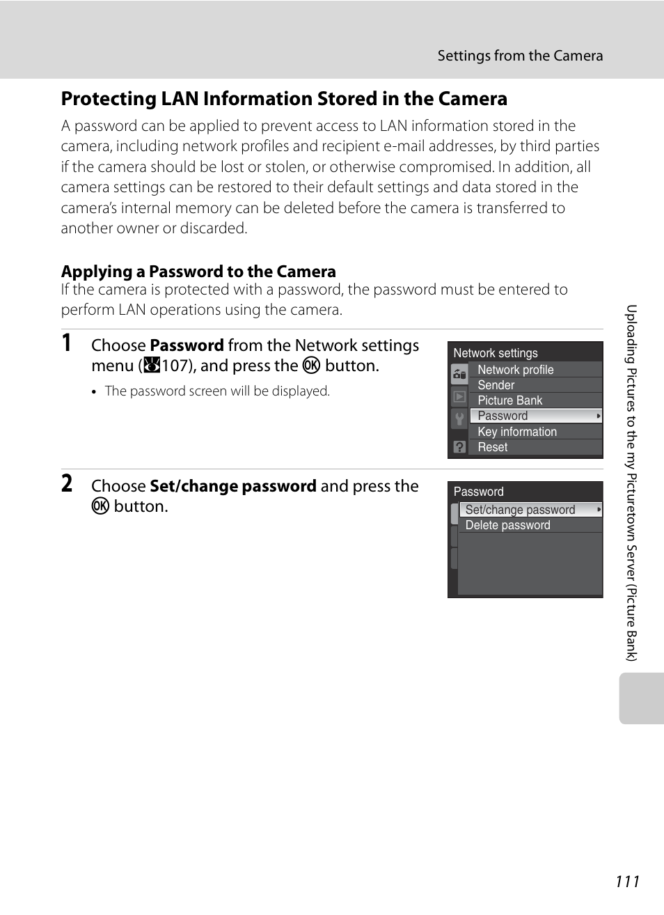 Protecting lan information stored in the camera, A111), Applying a password to the camera | Choose set/change password and press the k button | Nikon P6000 User Manual | Page 125 / 220