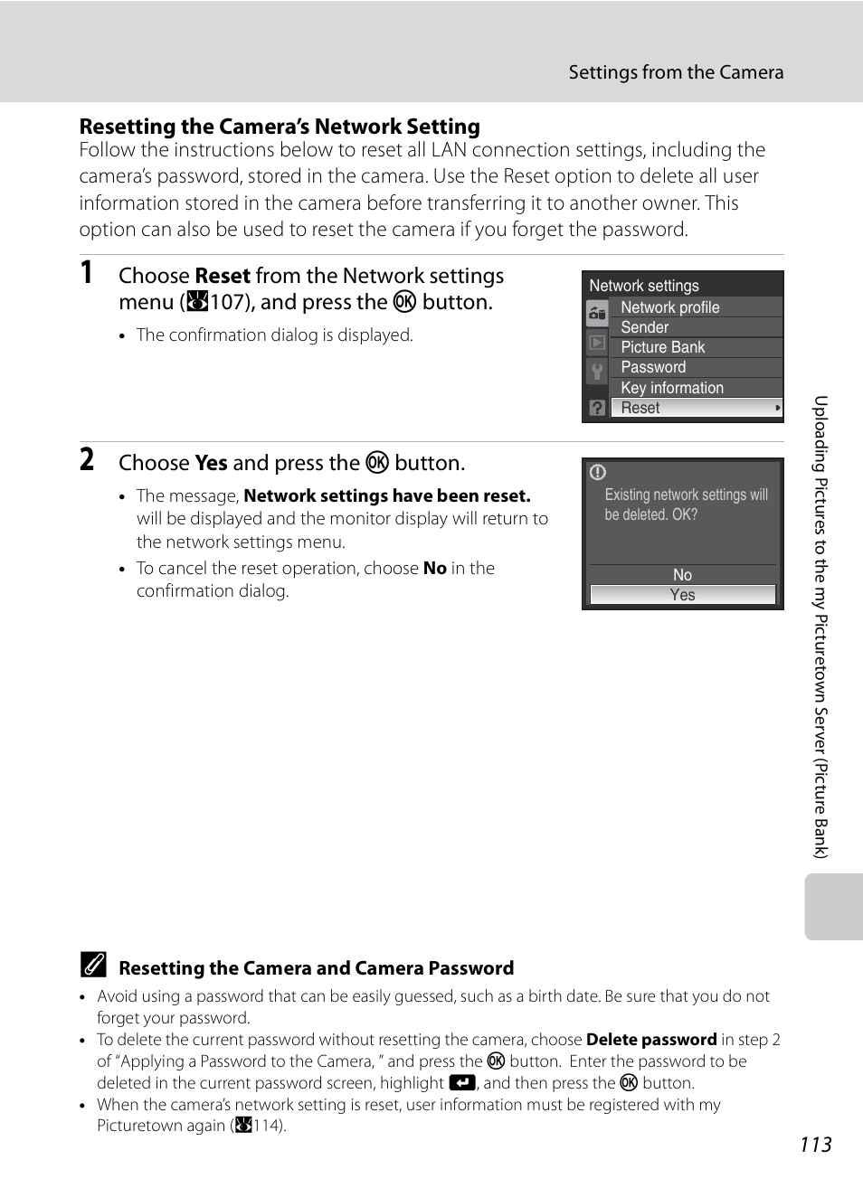Resetting the camera’s network setting, Choose yes and press the k button | Nikon P6000 User Manual | Page 127 / 220