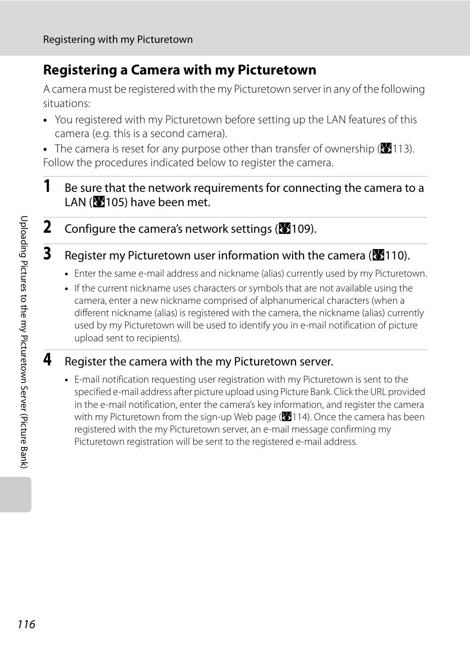 Registering a camera with my picturetown, A116) | Nikon P6000 User Manual | Page 130 / 220