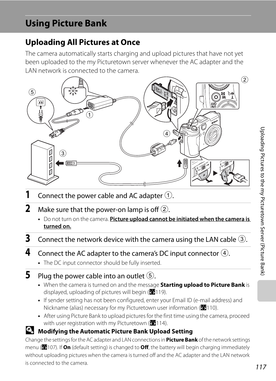 Using picture bank, Uploading all pictures at once, A117) | A 117), See “using picture bank | Nikon P6000 User Manual | Page 131 / 220