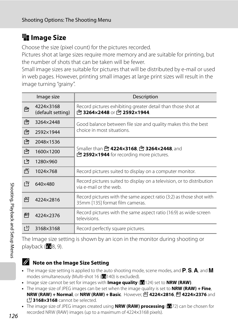 Image size, R image size, A126) | A126, E size | Nikon P6000 User Manual | Page 140 / 220