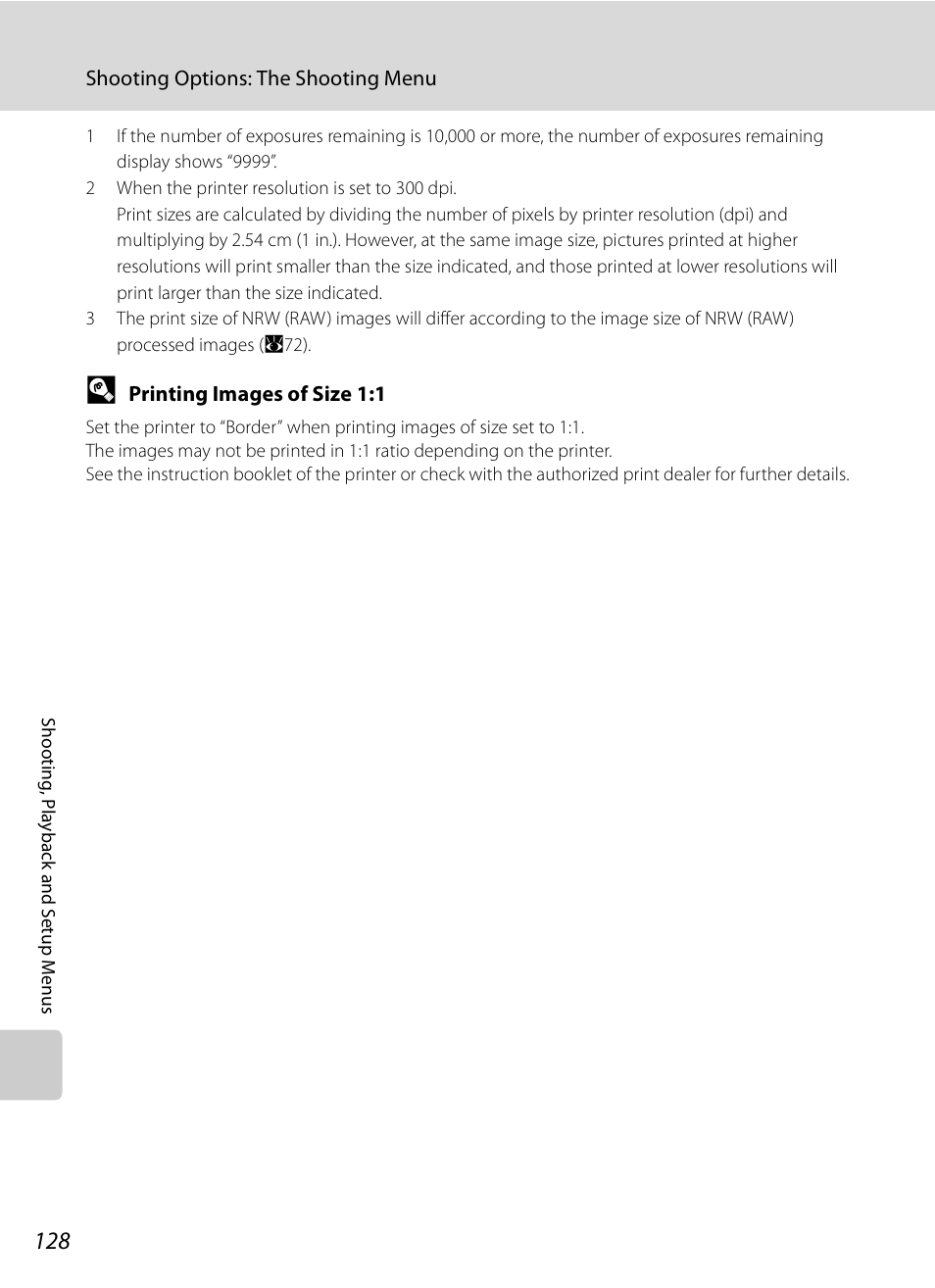 See “printing images of size 1:1 | Nikon P6000 User Manual | Page 142 / 220