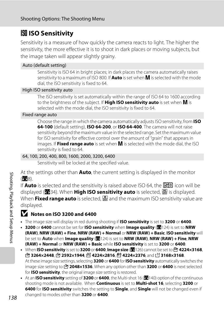 Iso sensitivity, E iso sensitivity, A138) | A138 | Nikon P6000 User Manual | Page 152 / 220