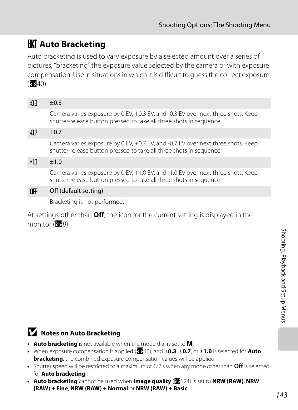 Auto bracketing, H auto bracketing, A143 | A143) | Nikon P6000 User Manual | Page 157 / 220