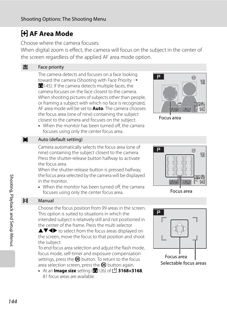 Af area mode, G af area mode, A144) | A144 | Nikon P6000 User Manual | Page 158 / 220