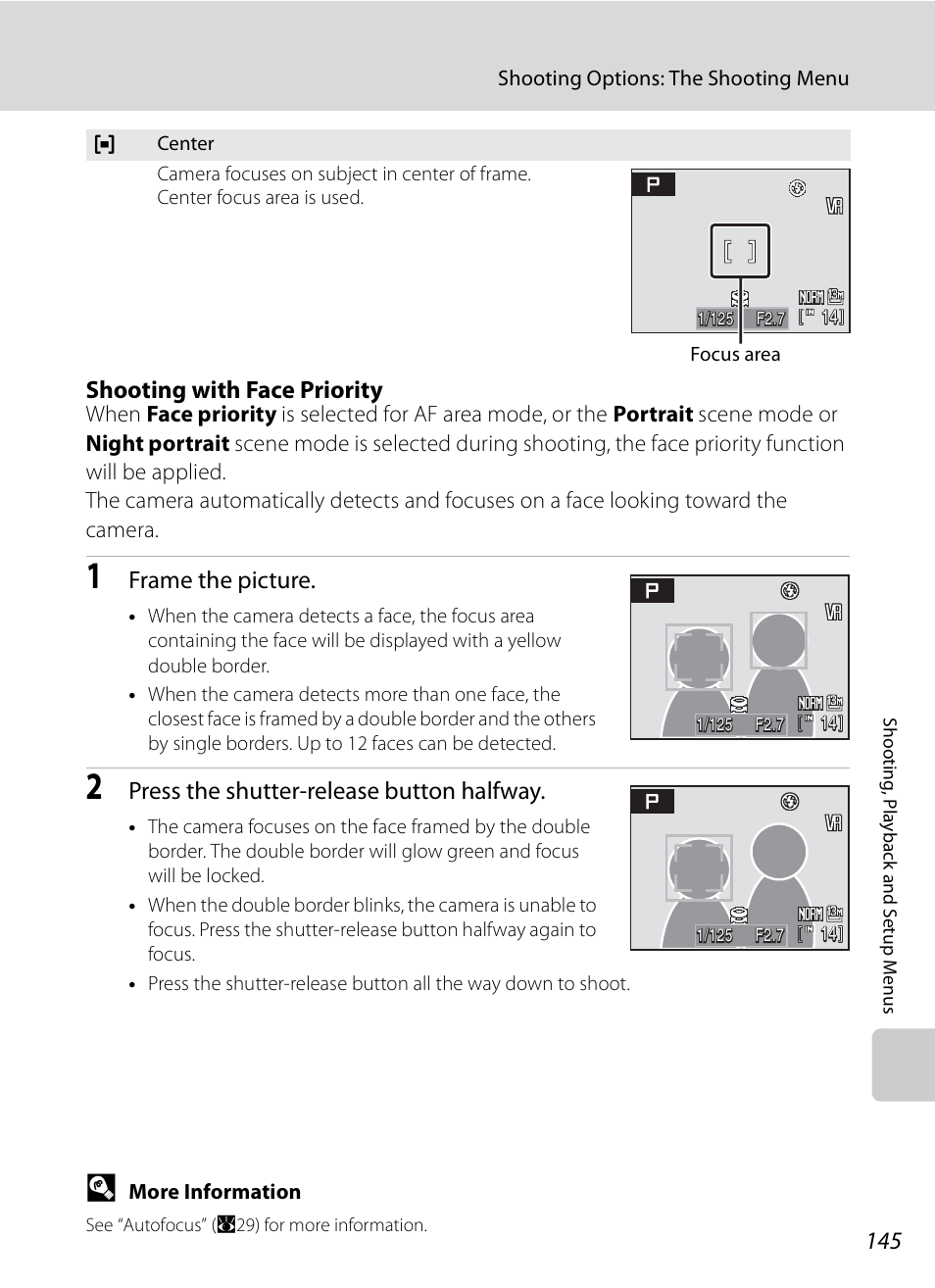 A145), Shooting with face priority, A145), th | Frame the picture, Press the shutter-release button halfway | Nikon P6000 User Manual | Page 159 / 220