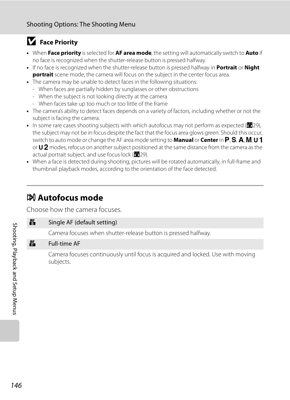 Autofocus mode, I autofocus mode, A146 | Nikon P6000 User Manual | Page 160 / 220