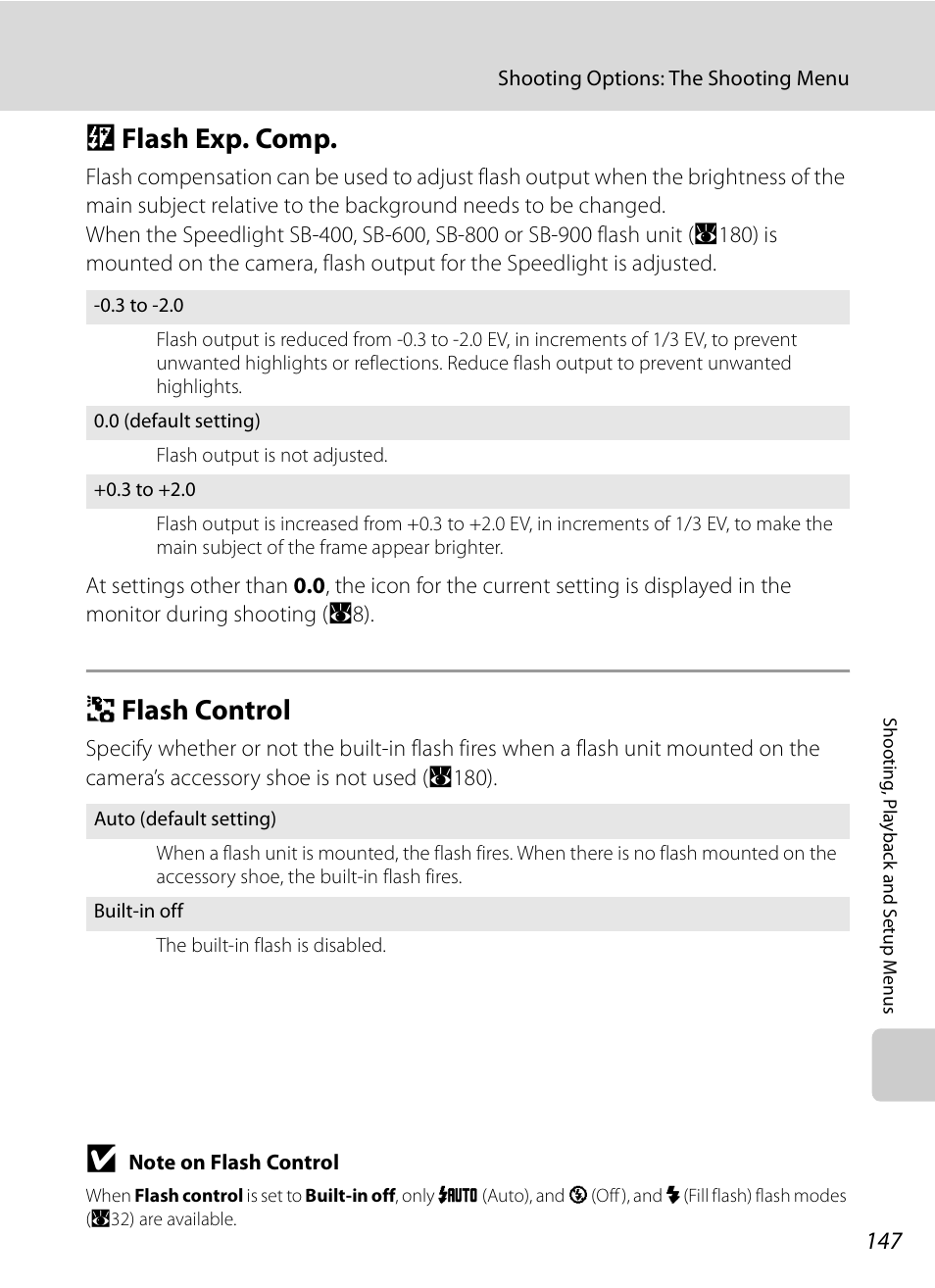 Flash exp. comp, Flash control, J flash exp. comp k flash control | A147), A147, J flash exp. comp, K flash control | Nikon P6000 User Manual | Page 161 / 220