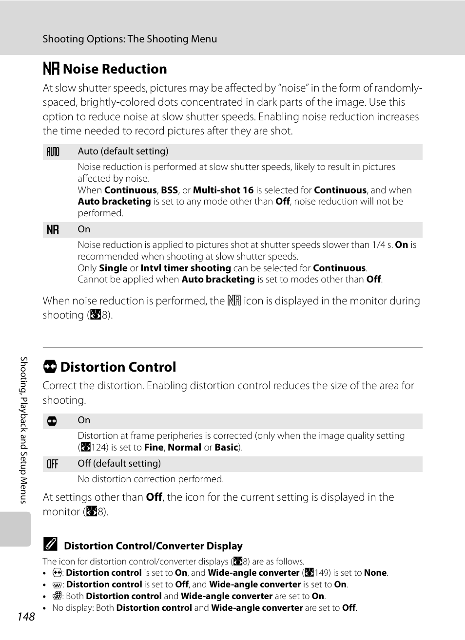 Noise reduction, Distortion control, M noise reduction q distortion control | A148), A148, M noise reduction, Q distortion control | Nikon P6000 User Manual | Page 162 / 220