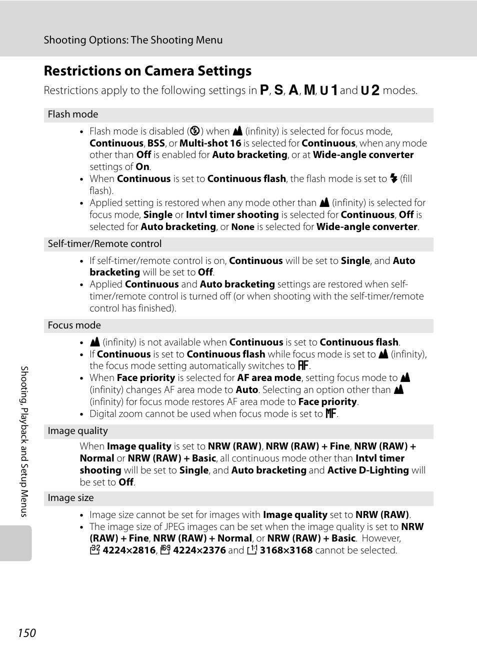 Restrictions on camera settings, A150) | Nikon P6000 User Manual | Page 164 / 220