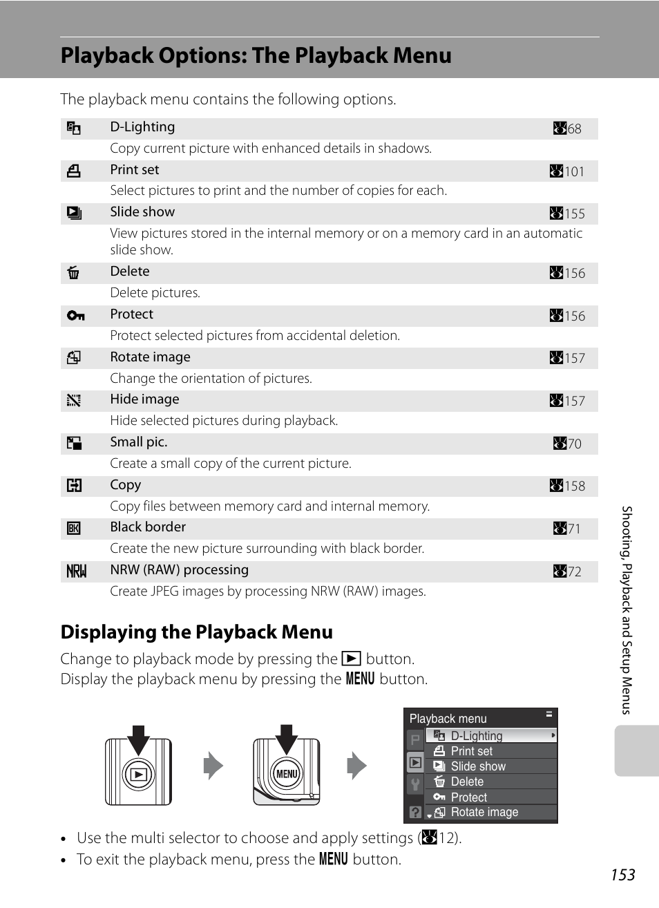 Playback options: the playback menu, Displaying the playback menu, A153) | Nikon P6000 User Manual | Page 167 / 220