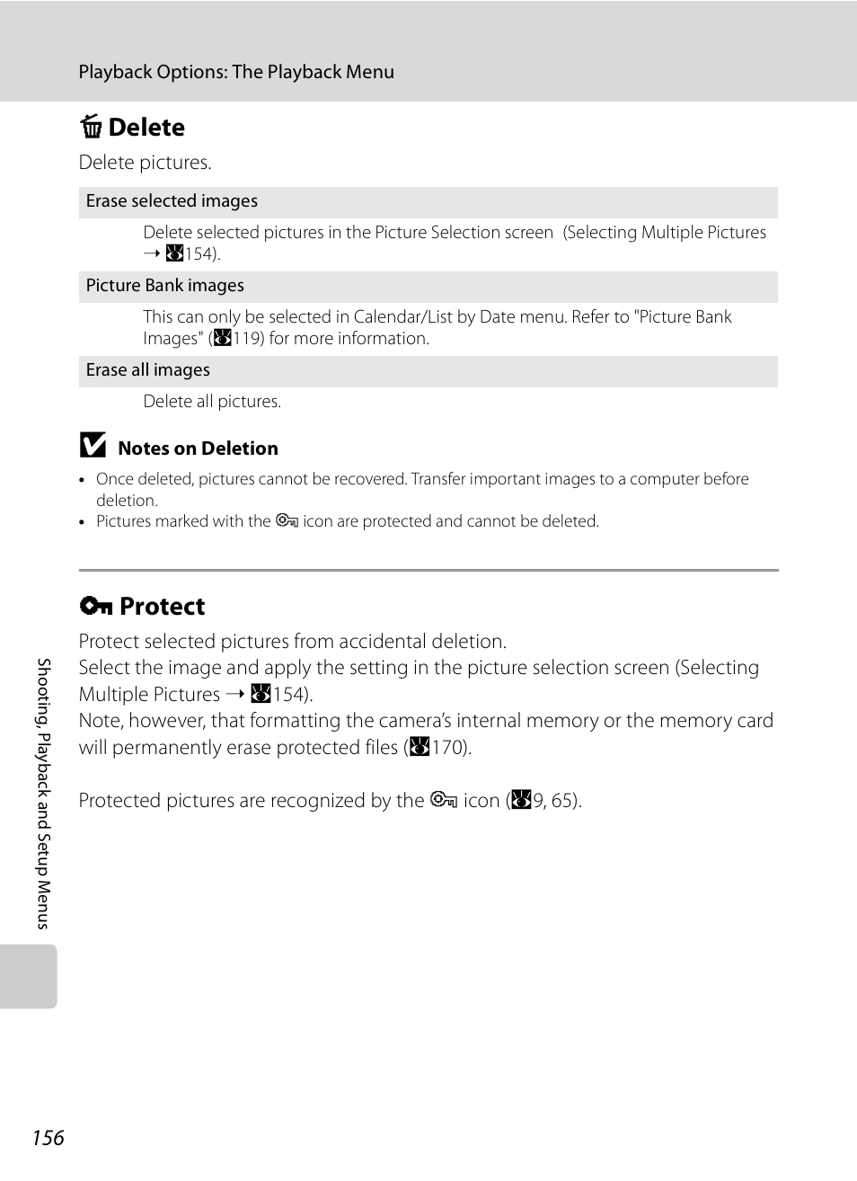 Delete, Protect, C delete d protect | A156), A156, C delete, D protect | Nikon P6000 User Manual | Page 170 / 220