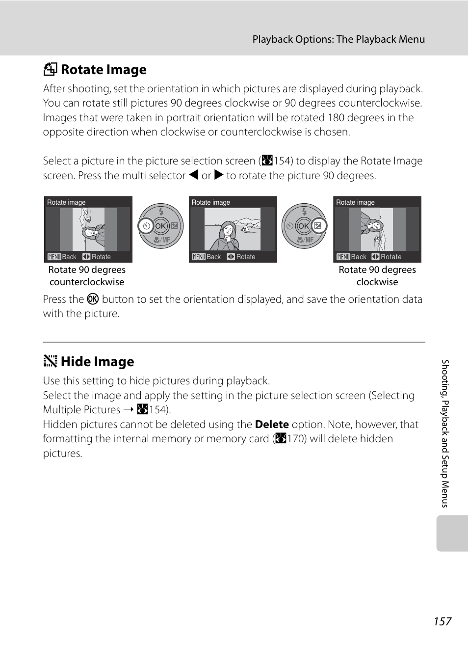 Rotate image, Hide image, F rotate image i hide image | A157, A157), F rotate image, I hide image | Nikon P6000 User Manual | Page 171 / 220