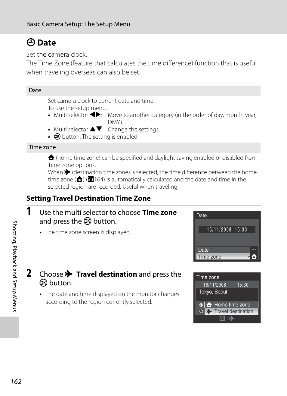 Date, D date, A162) | A162, Setting travel destination time zone, Choose x travel destination and press the k button | Nikon P6000 User Manual | Page 176 / 220