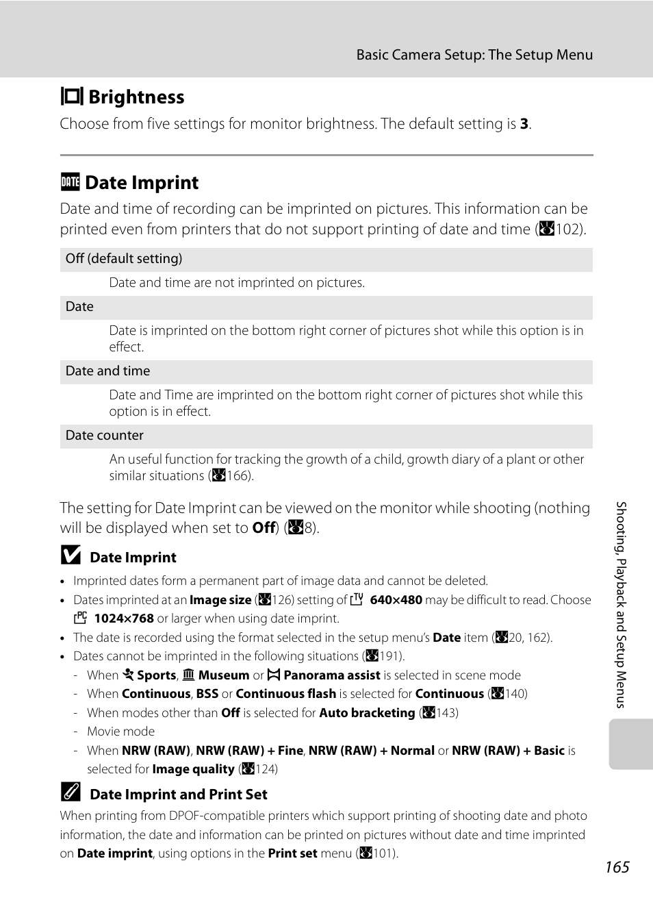 Brightness, Date imprint, E brightness f date imprint | A165), A165, E brightness, F date imprint | Nikon P6000 User Manual | Page 179 / 220