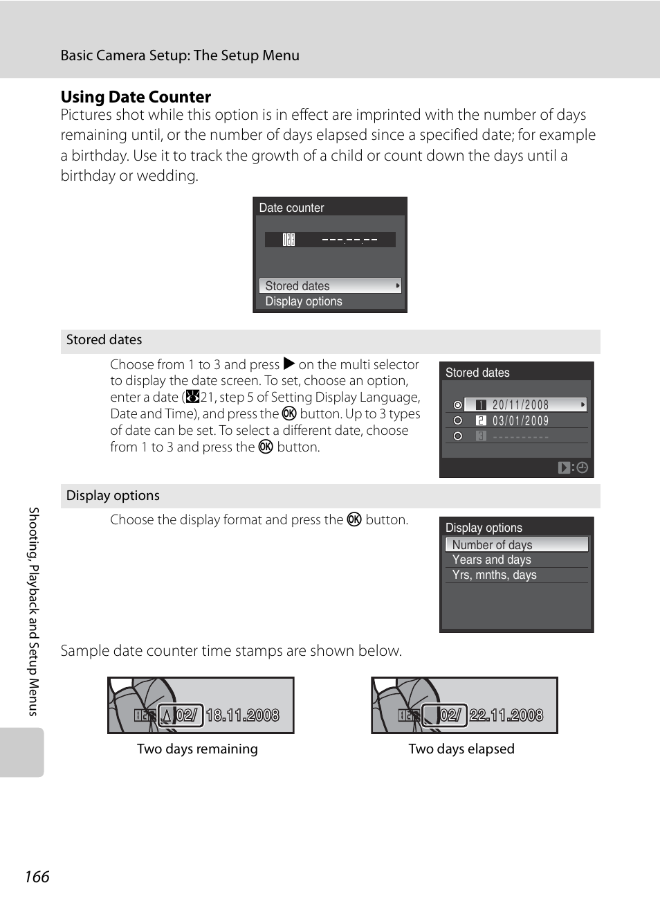 A166), Using date counter | Nikon P6000 User Manual | Page 180 / 220