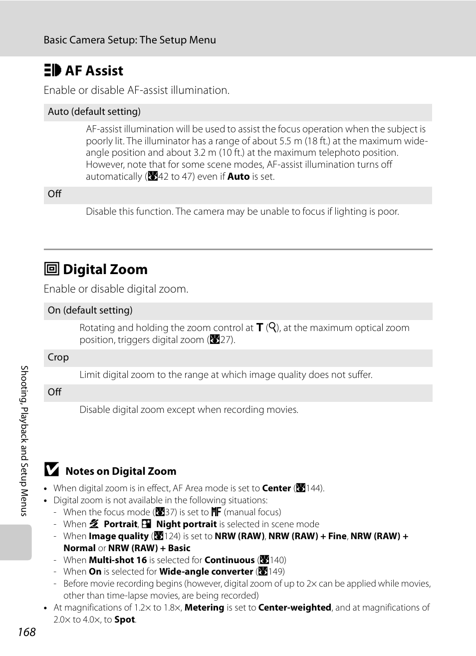 Af assist, Digital zoom, H af assist u digital zoom | A168), A168, H af assist, U digital zoom | Nikon P6000 User Manual | Page 182 / 220