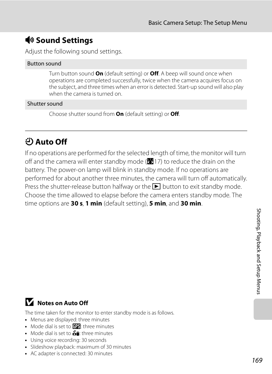 Sound settings, Auto off, I sound settings k auto off | A169), A169, I sound settings, K auto off | Nikon P6000 User Manual | Page 183 / 220