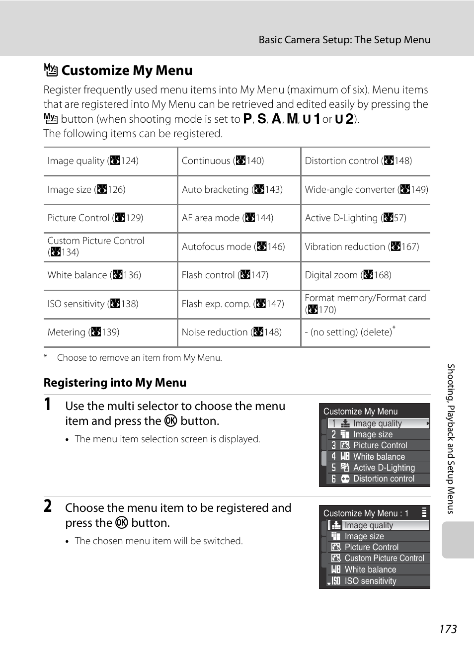 Customize my menu, S customize my menu, A173 | Registering into my menu | Nikon P6000 User Manual | Page 187 / 220