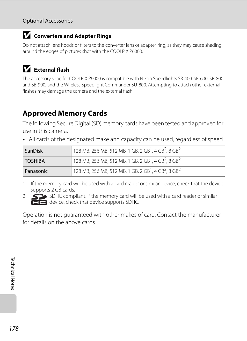 Approved memory cards | Nikon P6000 User Manual | Page 192 / 220