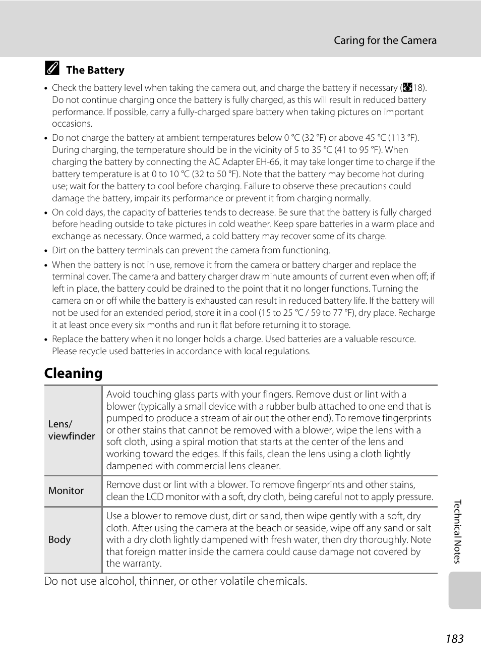 Cleaning, For “the battery, A183 | Nikon P6000 User Manual | Page 197 / 220