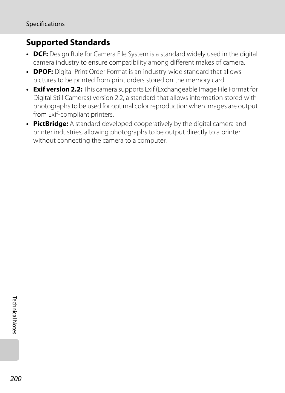 Supported standards, A200), A200 | Nikon P6000 User Manual | Page 214 / 220