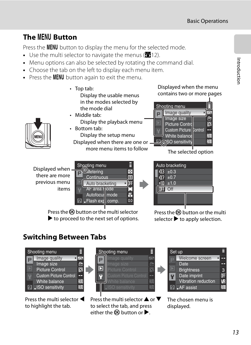 The menu button, Switching between tabs, D button | The d button | Nikon P6000 User Manual | Page 27 / 220