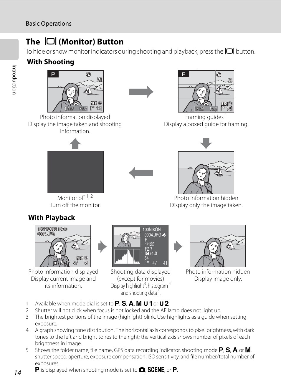 The monitor button, X (monitor) button, The x (monitor) button | With shooting, With playback | Nikon P6000 User Manual | Page 28 / 220