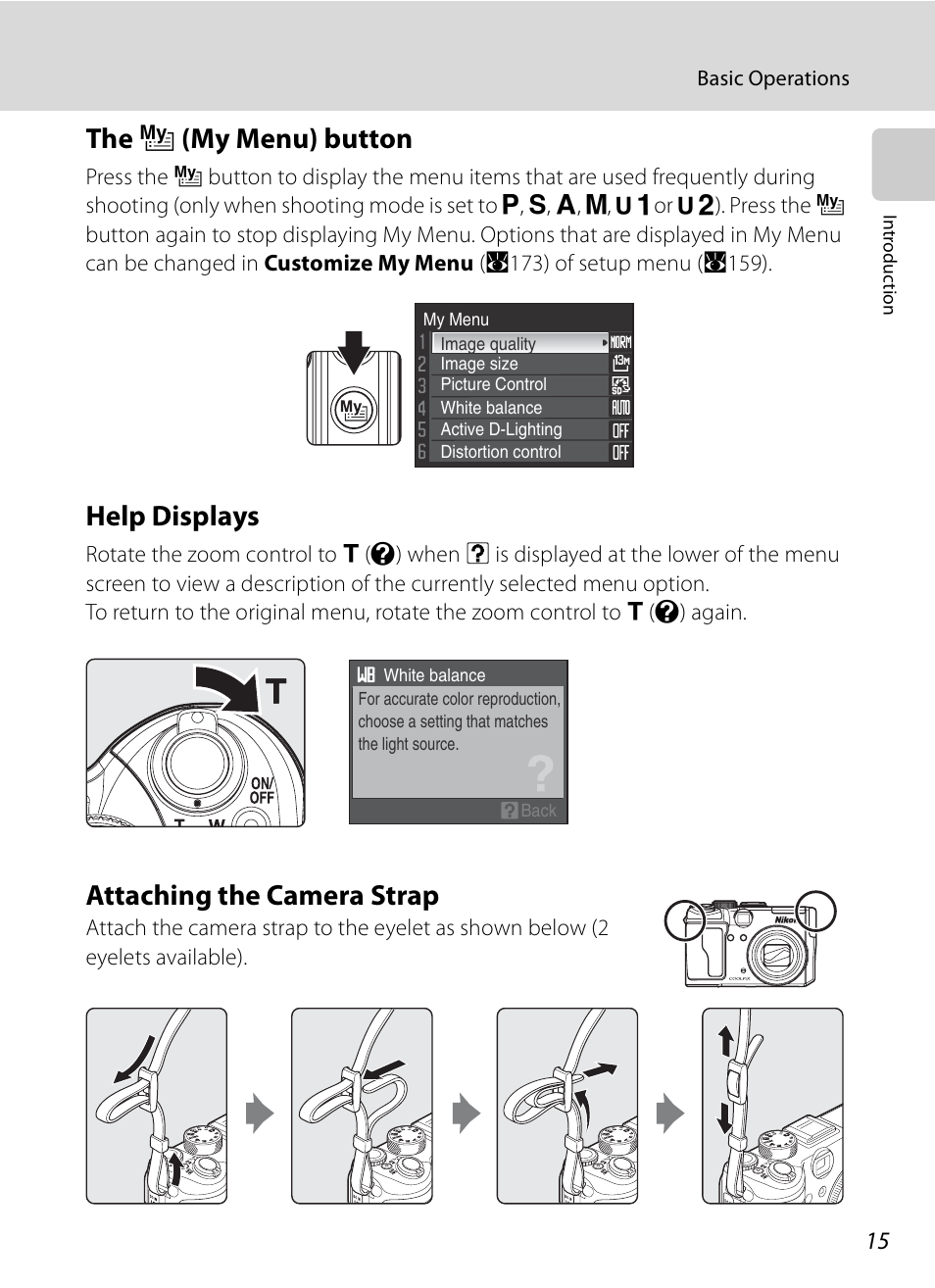 The my menu button, Help displays, Attaching the camera strap | I (my menu) button, Help displays attaching the camera strap, The i (my menu) button | Nikon P6000 User Manual | Page 29 / 220