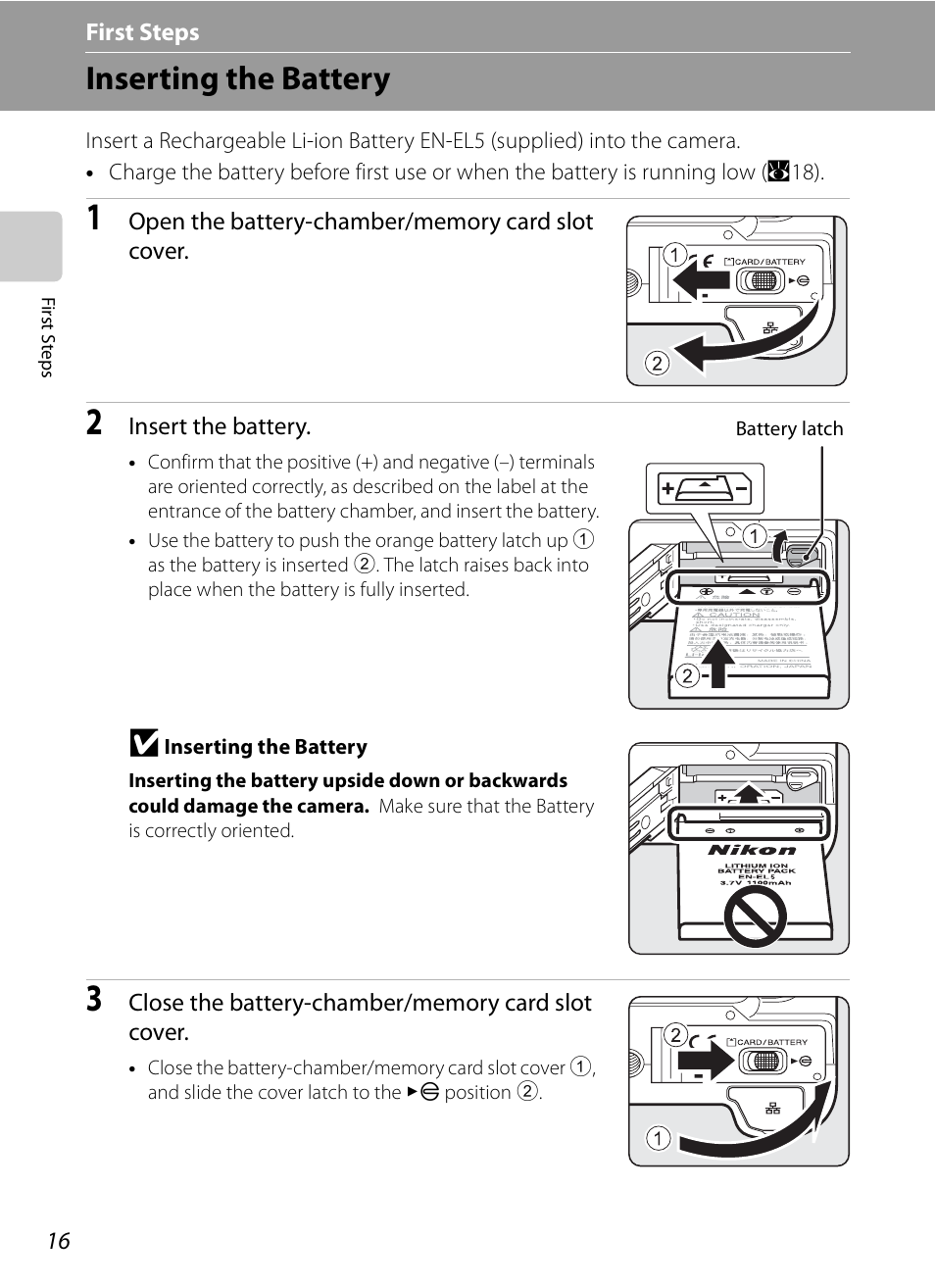 First steps, Inserting the battery | Nikon P6000 User Manual | Page 30 / 220