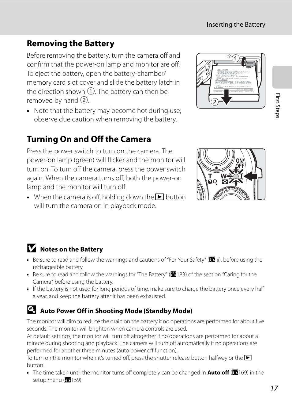 Removing the battery, Turning on and off the camera, Removing the battery turning on and off the camera | Nikon P6000 User Manual | Page 31 / 220