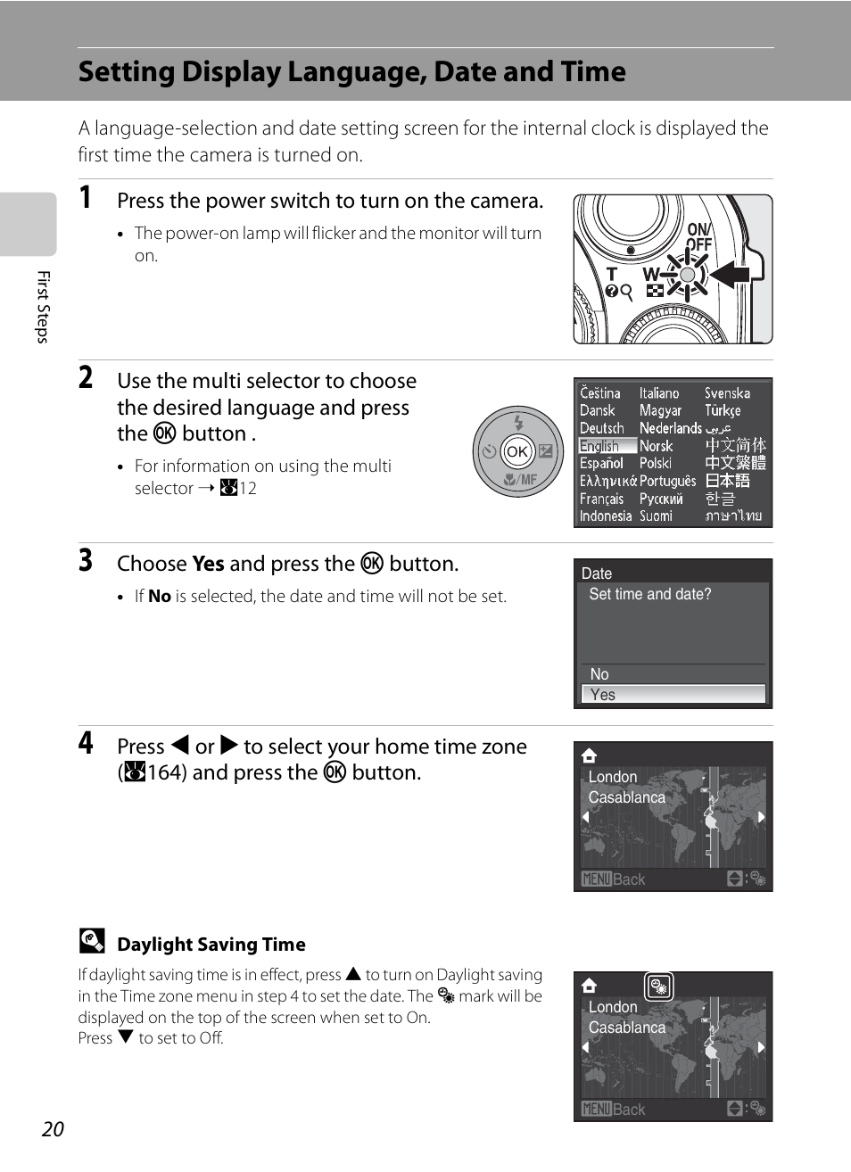 Setting display language, date and time | Nikon P6000 User Manual | Page 34 / 220