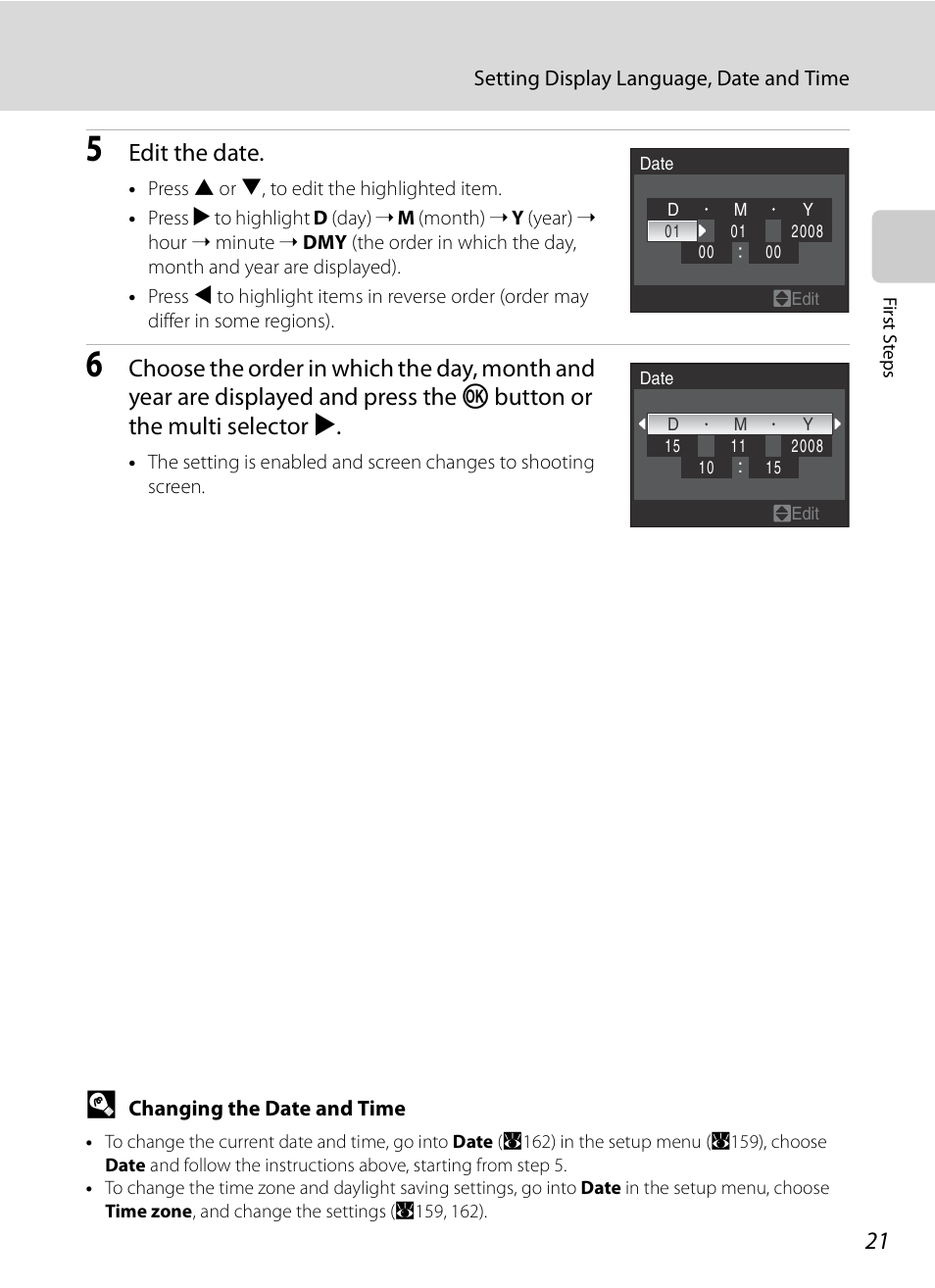 Edit the date, Button or the multi selector k | Nikon P6000 User Manual | Page 35 / 220