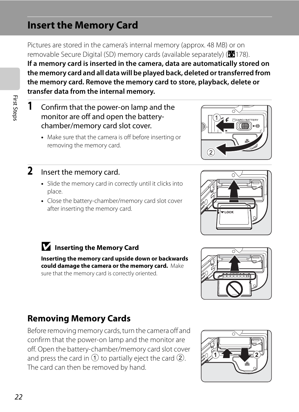 Insert the memory card, Removing memory cards | Nikon P6000 User Manual | Page 36 / 220