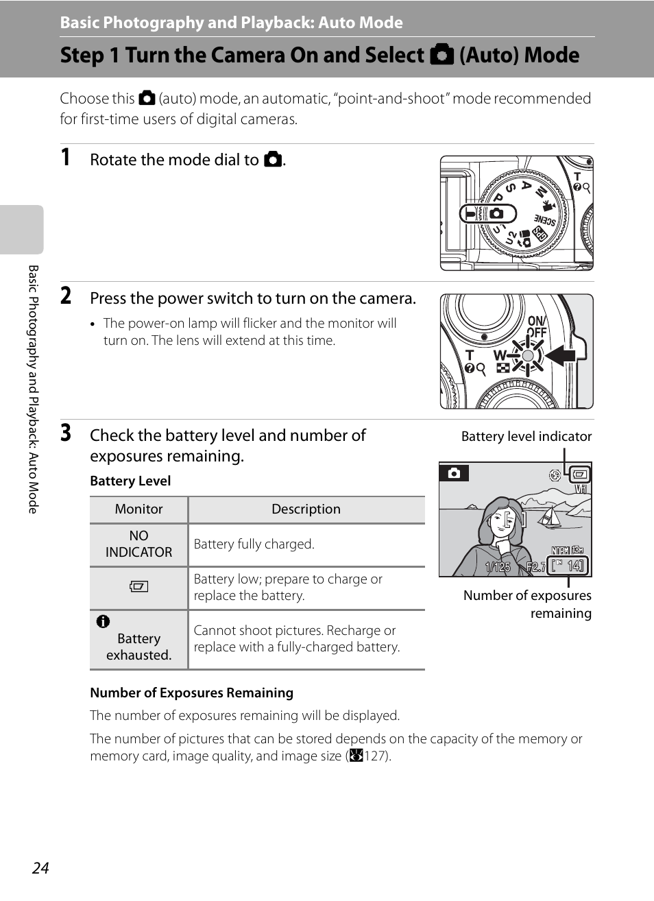 Basic photography and playback: auto mode, Step 1 turn the camera on and select auto mode, A basic photography and playback: auto mode | Step 1 turn the camera on and select a (auto) mode, A24), Rotate the mode dial to a, Press the power switch to turn on the camera | Nikon P6000 User Manual | Page 38 / 220