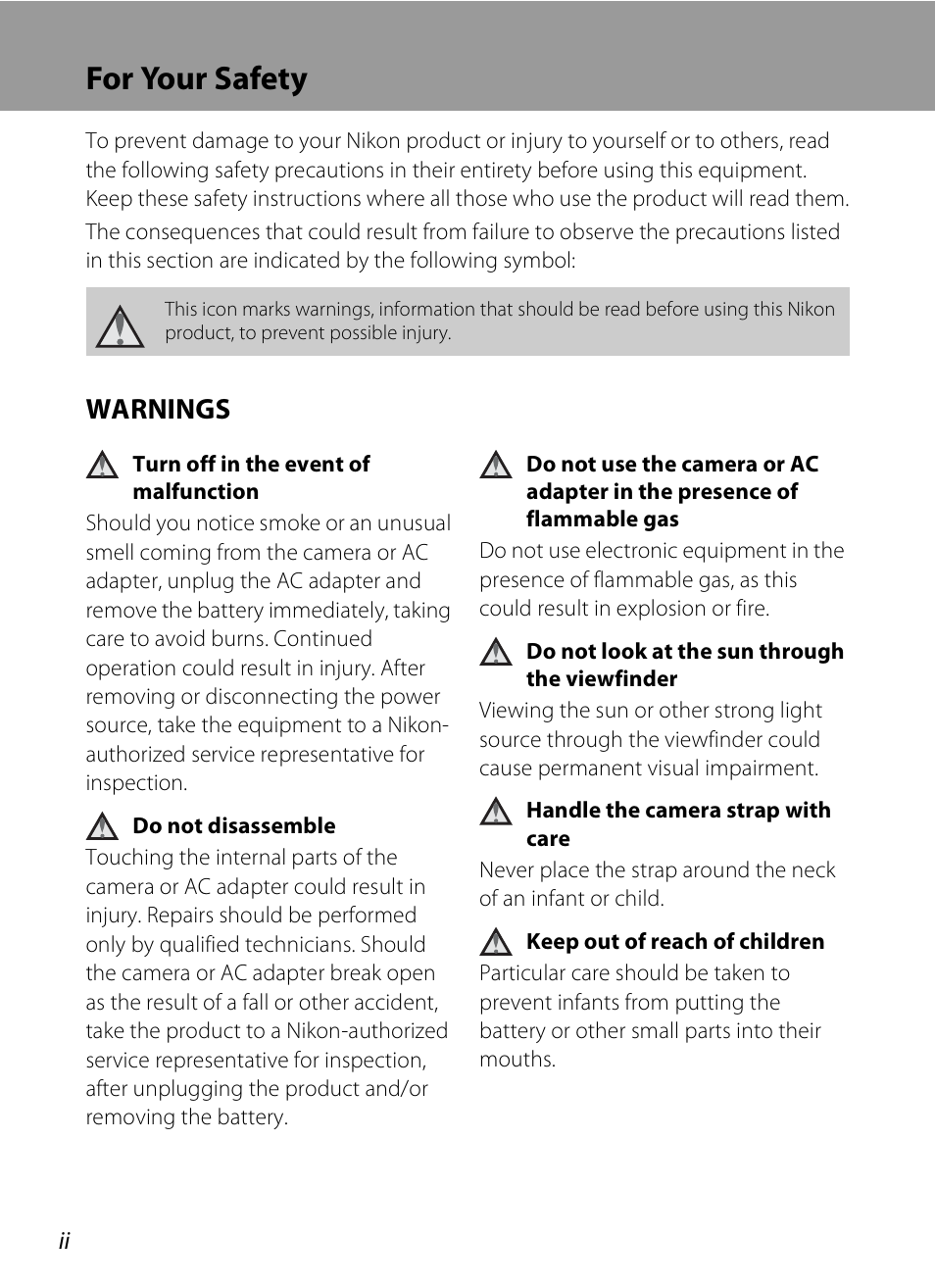 For your safety, Warnings | Nikon P6000 User Manual | Page 4 / 220