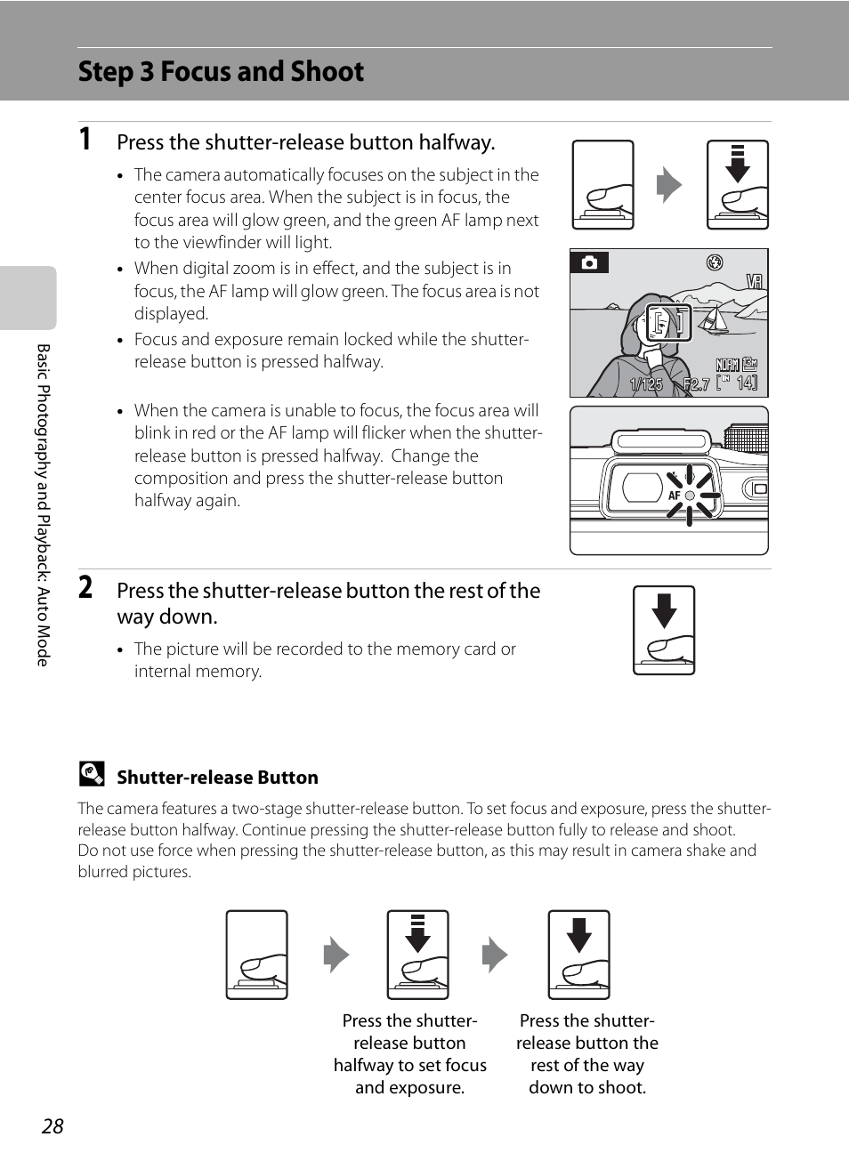 Step 3 focus and shoot, Press the shutter-release button halfway | Nikon P6000 User Manual | Page 42 / 220