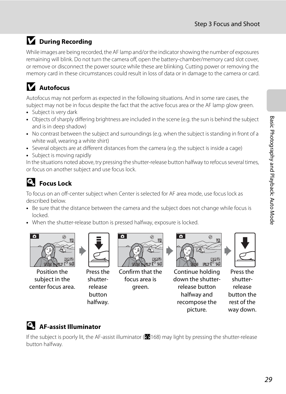 Step 3 focus and shoot, During recording, Autofocus | Focus lock, Af-assist illuminator | Nikon P6000 User Manual | Page 43 / 220