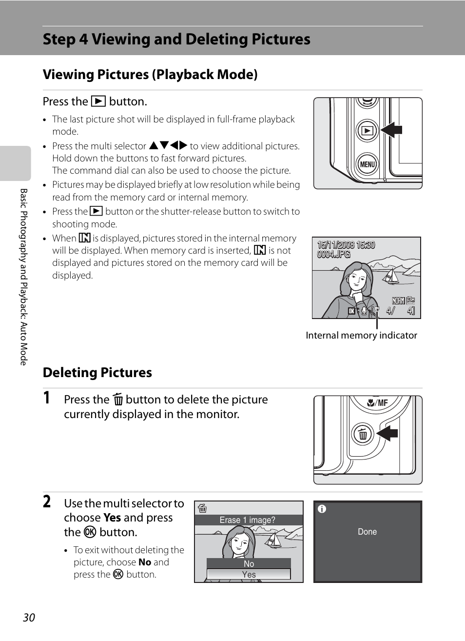 Step 4 viewing and deleting pictures, Viewing pictures (playback mode), Deleting pictures | Viewing pictures (playback mode) deleting pictures, Press the c button | Nikon P6000 User Manual | Page 44 / 220