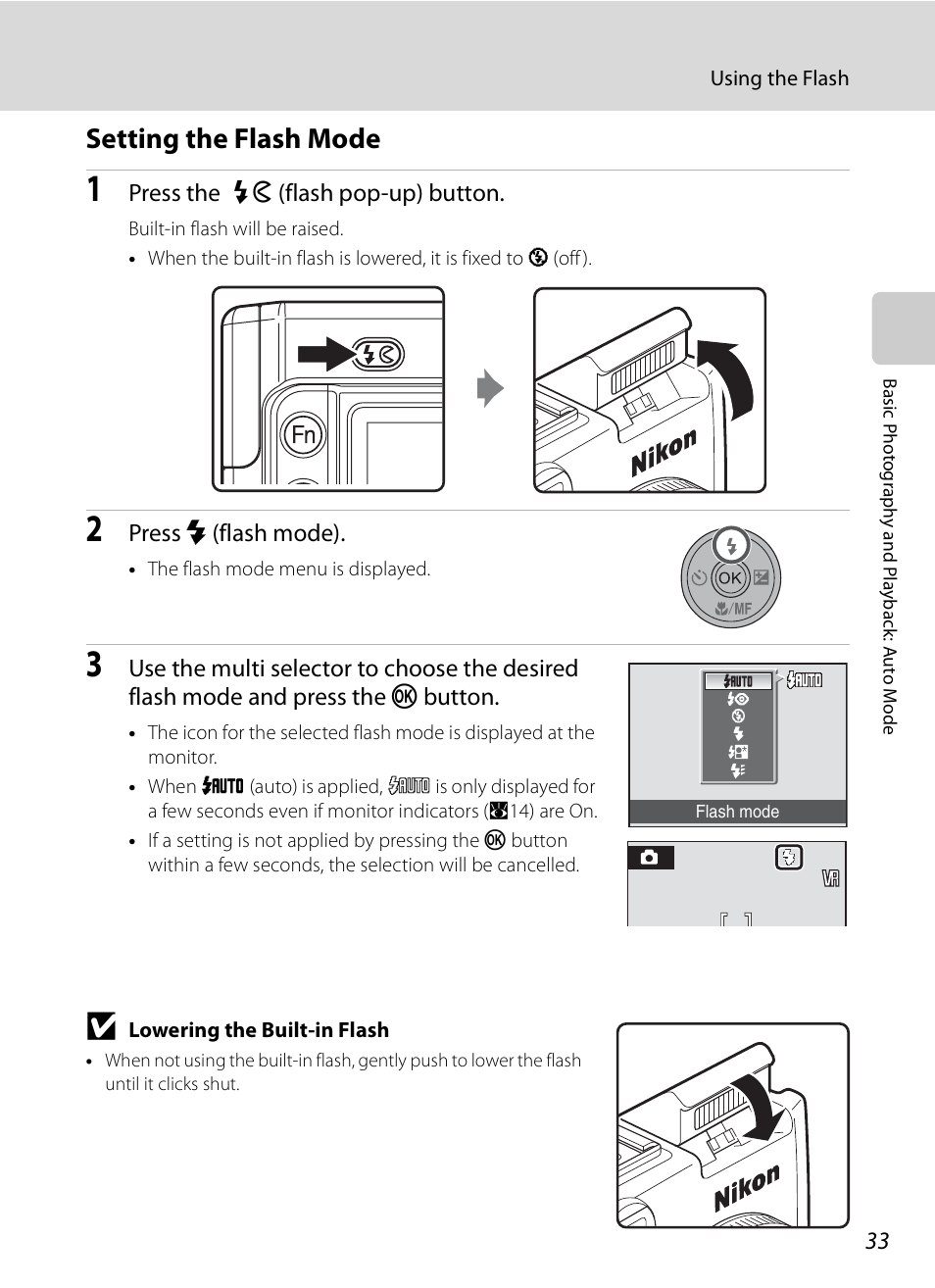 Setting the flash mode, A33), Press the k (flash pop-up) button | Press m (flash mode) | Nikon P6000 User Manual | Page 47 / 220