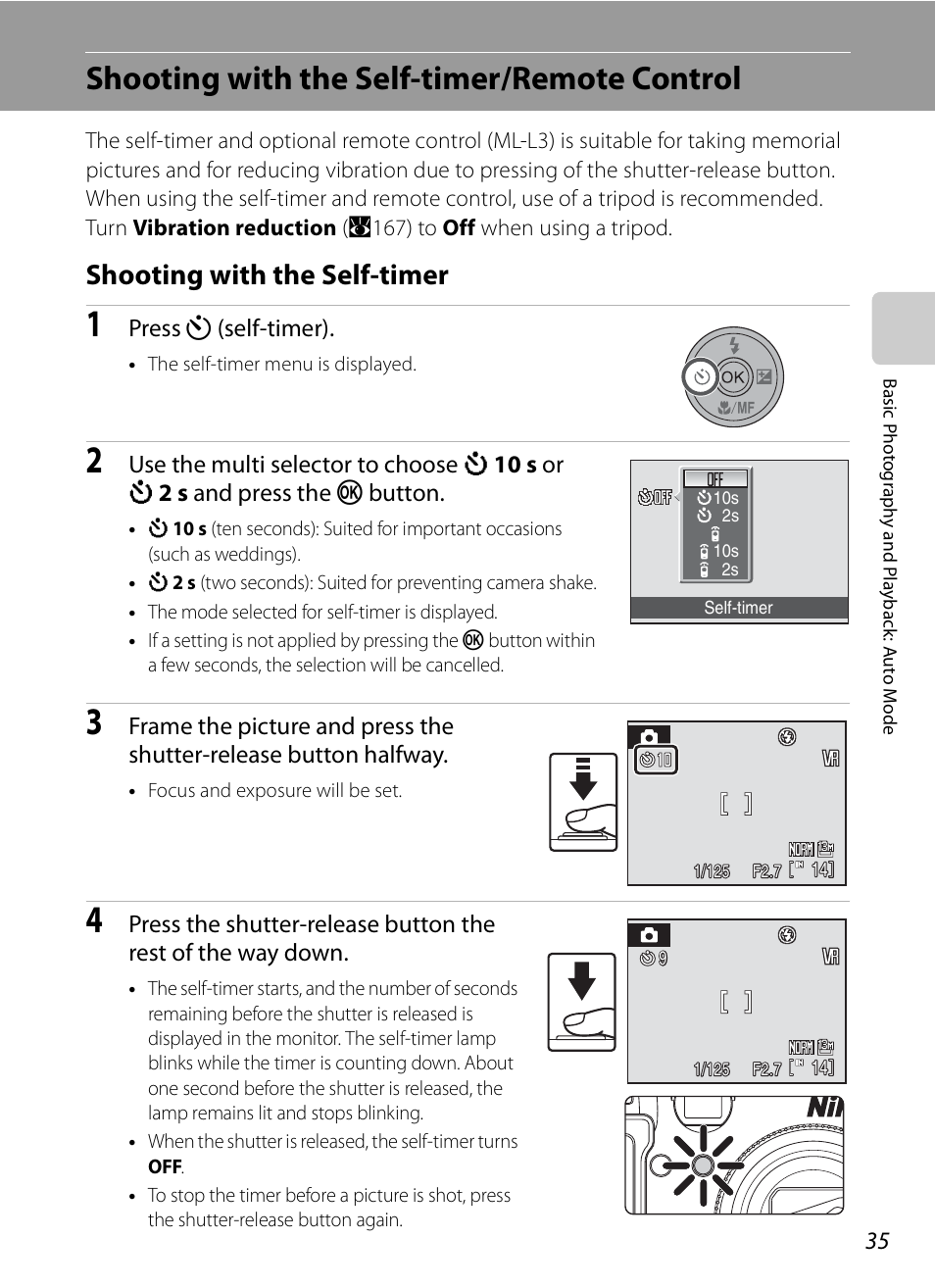 Shooting with the self-timer/remote control, Shooting with the self-timer, A35) | Press n (self-timer) | Nikon P6000 User Manual | Page 49 / 220