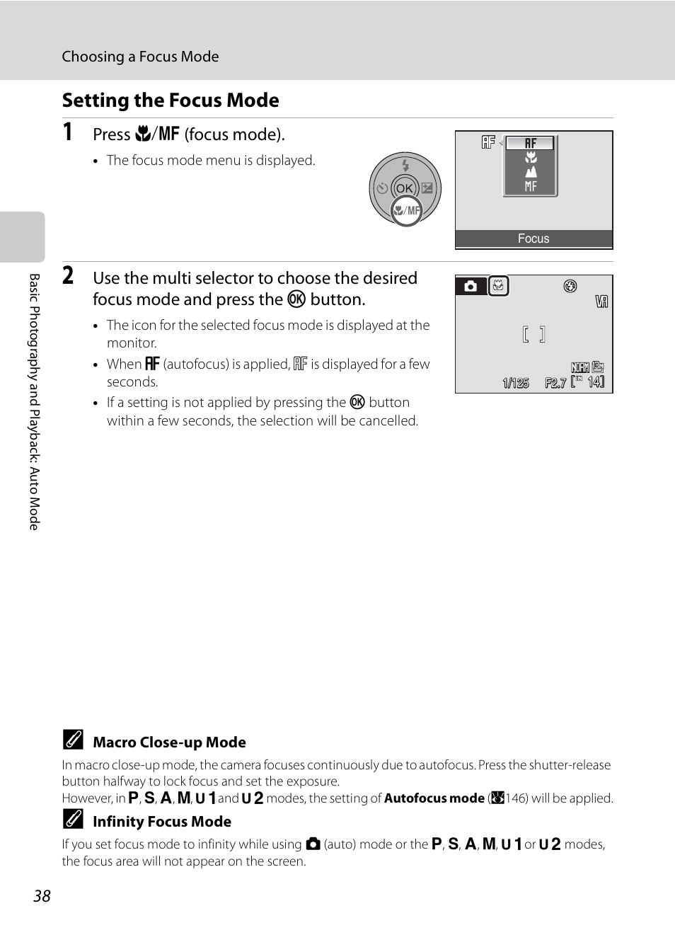 Setting the focus mode, Press l (focus mode) | Nikon P6000 User Manual | Page 52 / 220