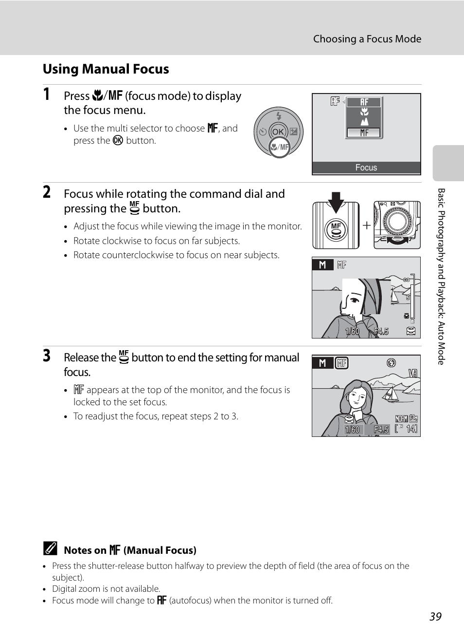 Using manual focus, A39), Press l (focus mode) to display the focus menu | Nikon P6000 User Manual | Page 53 / 220