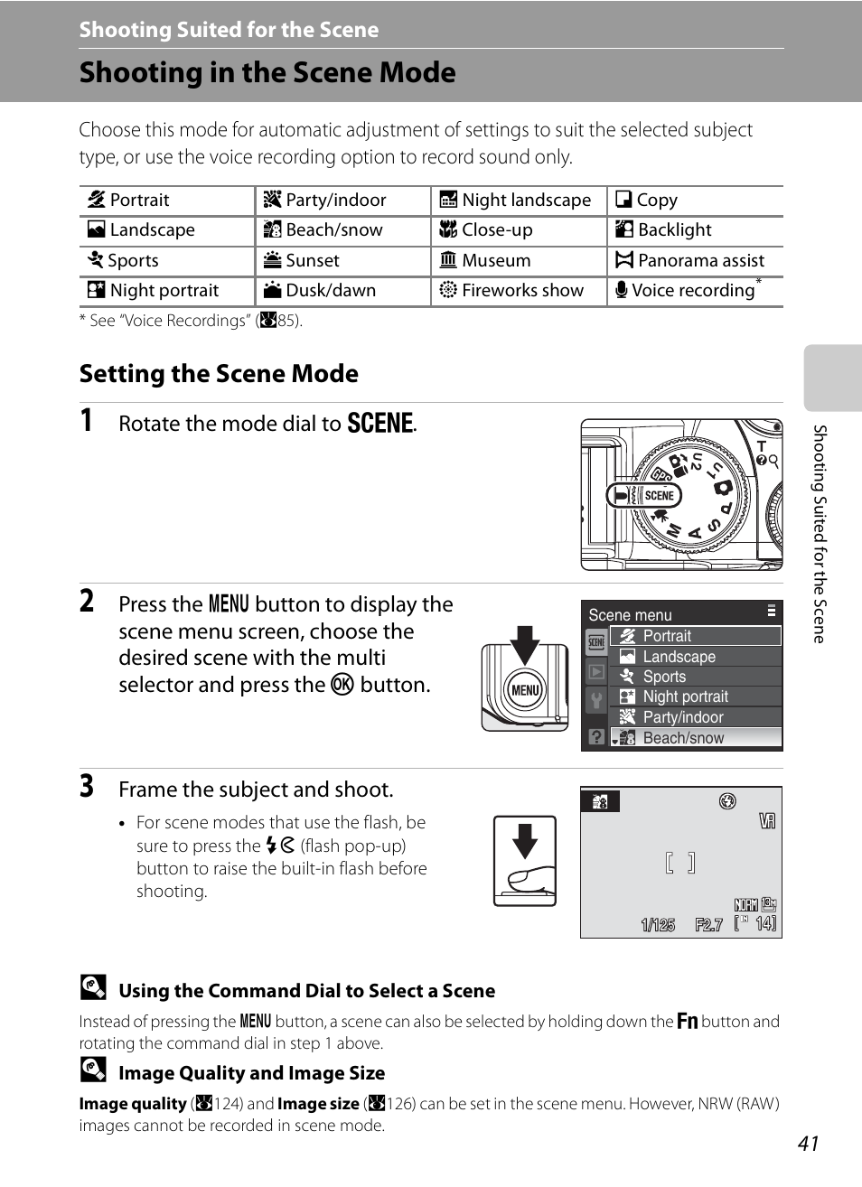 Shooting suited for the scene, Shooting in the scene mode, Setting the scene mode | Y shooting suited for the scene, A41), Rotate the mode dial to y, Frame the subject and shoot | Nikon P6000 User Manual | Page 55 / 220