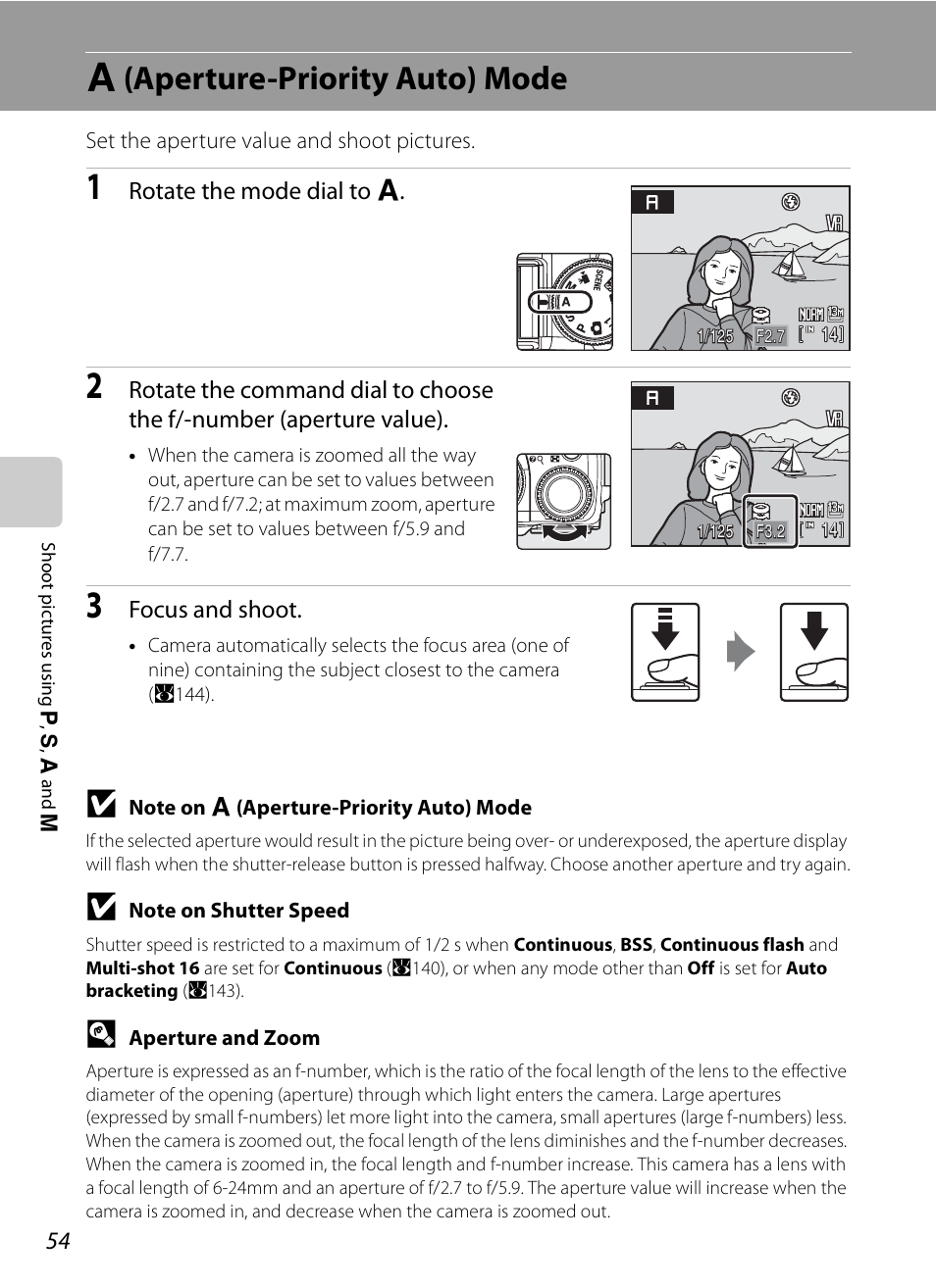 A (aperture-priority auto) mode, C (aperture-priority auto) mode, A54) | Nikon P6000 User Manual | Page 68 / 220