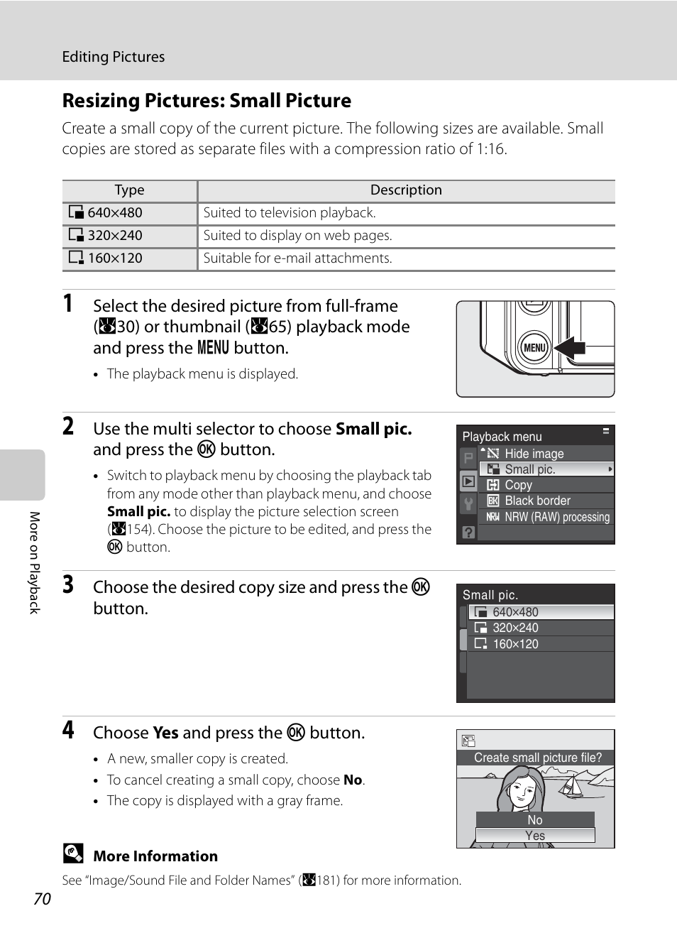 Resizing pictures: small picture, A70) | Nikon P6000 User Manual | Page 84 / 220